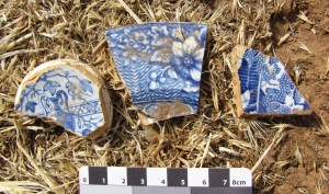 Three transfer printed ceramic shards